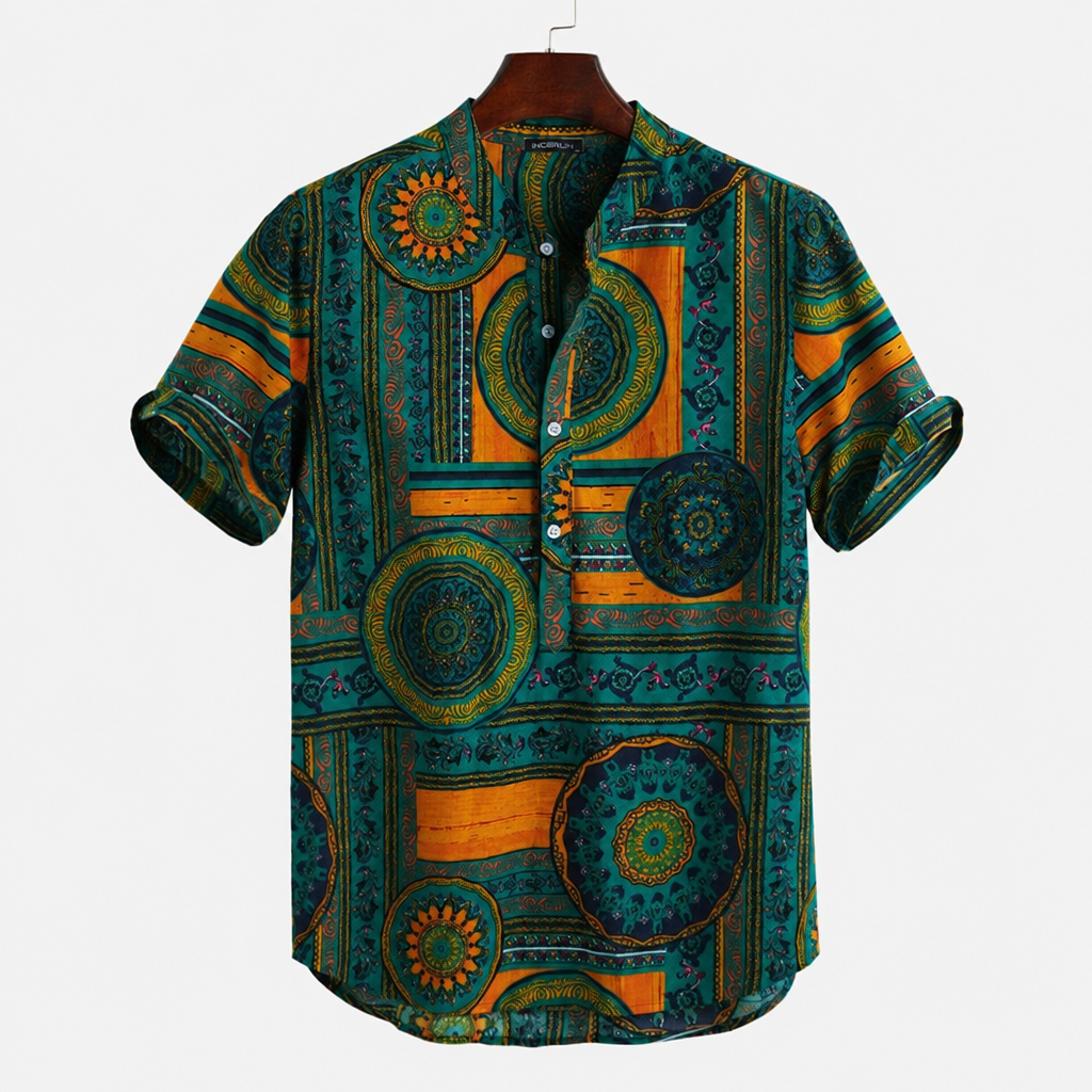 Men's ethnic print short sleeve stand collar Hawaiian shirt green orange