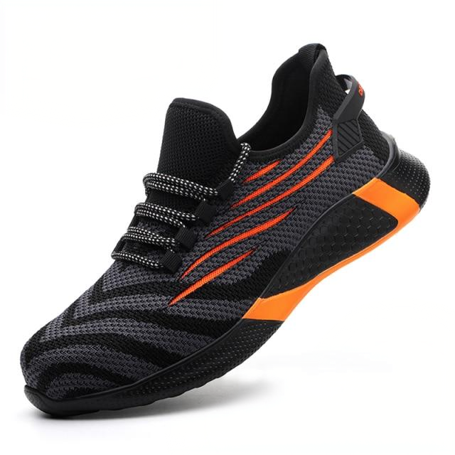 Steel-toe work safety shoes black orange mesh clean product photo