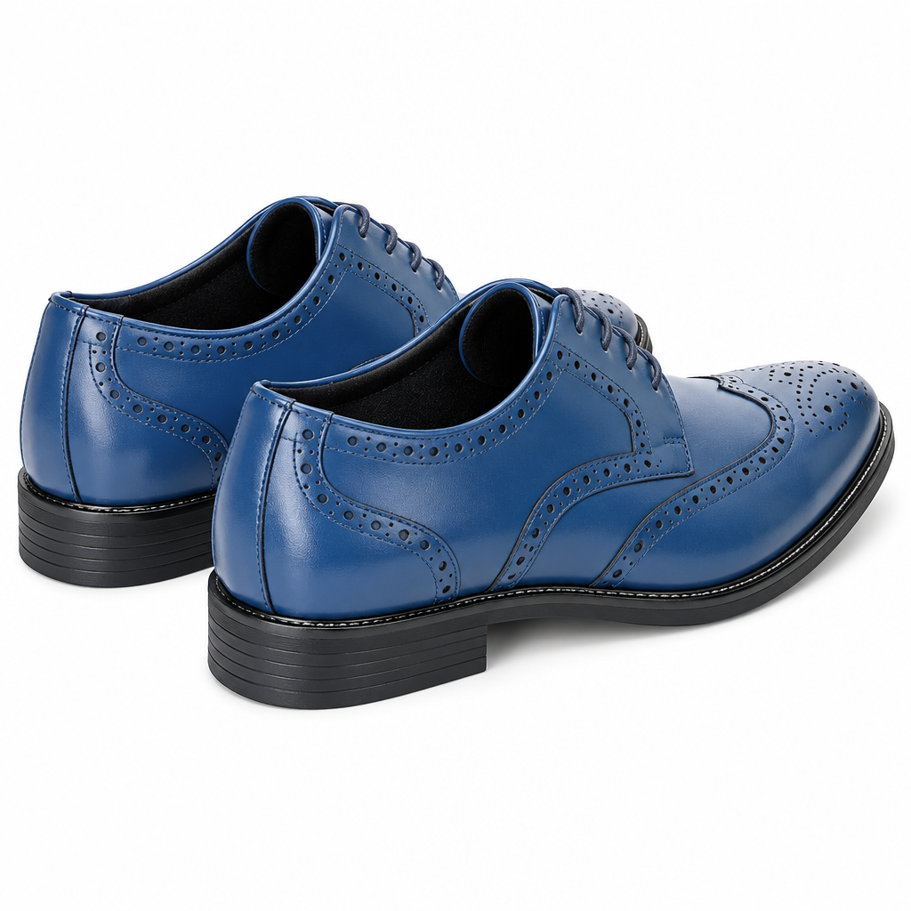 Blue brogue dress shoe heel view