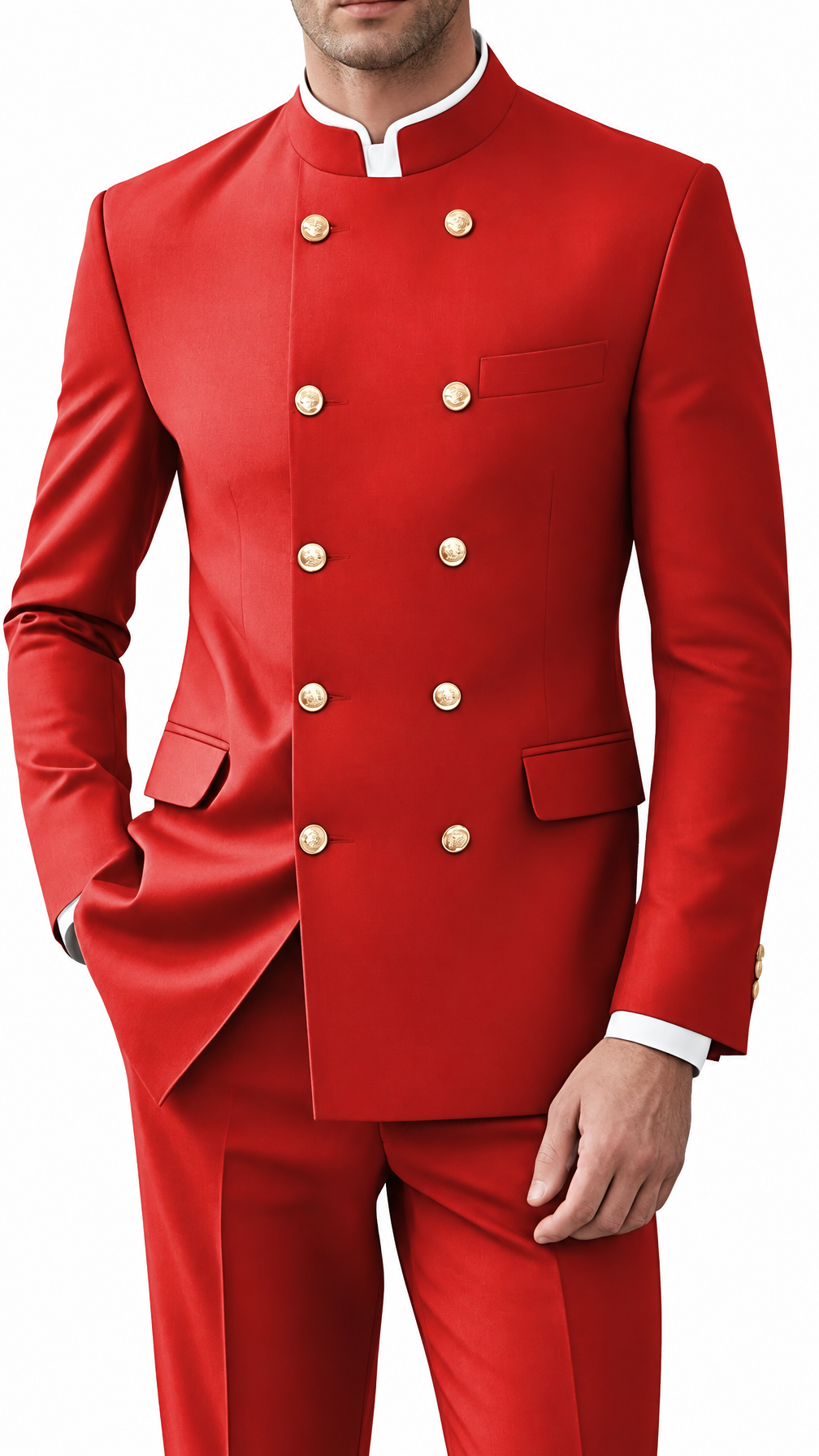 Men red double breasted gold button mandarin collar suit set
