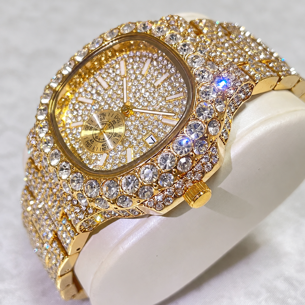 Men's hip hop iced out 18K gold automatic date steel watch