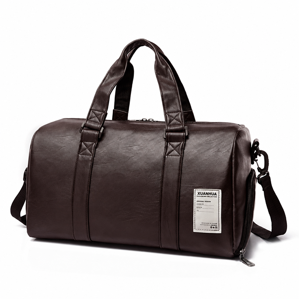 Brown leather gym duffle sports travel bag