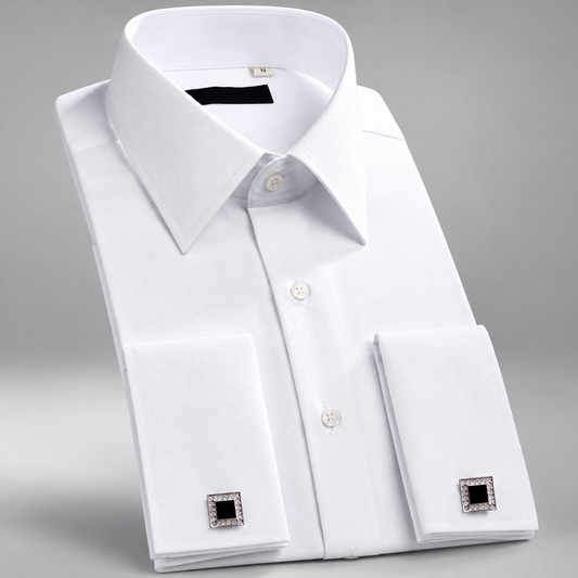 Men's white French cuff long sleeve dress shirt clean product photo