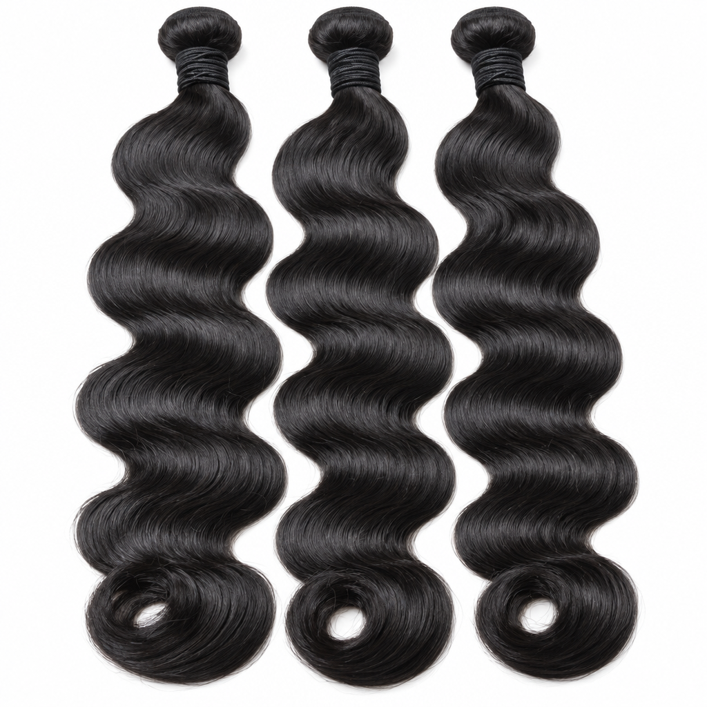 Raw Brazilian body wave hair bundles flat lay