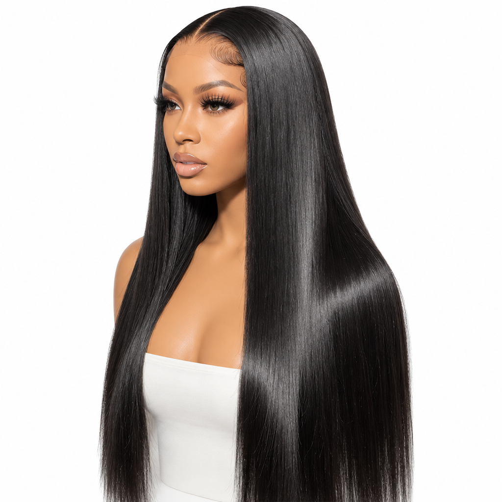 Bone straight glueless HD lace wig side three-quarter view