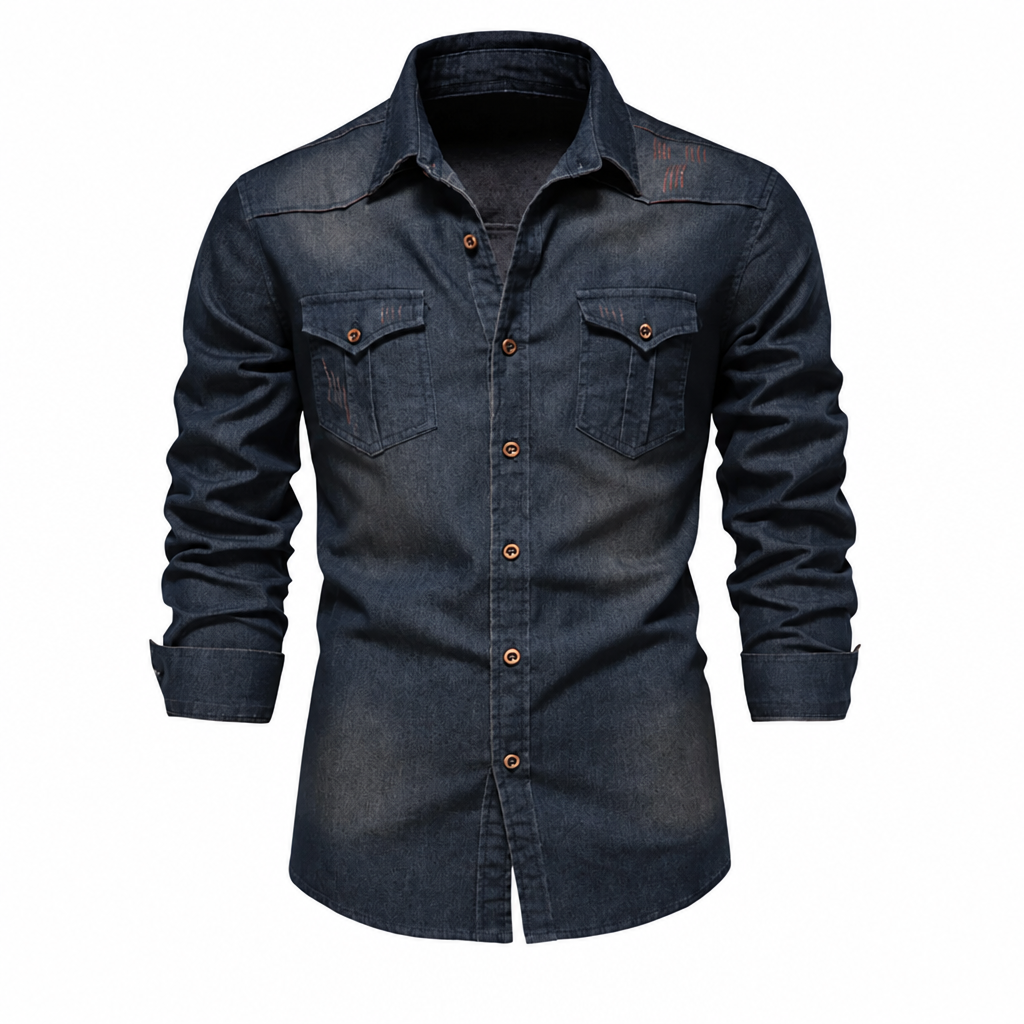 Men's elastic cotton denim long sleeve shirt dark blue