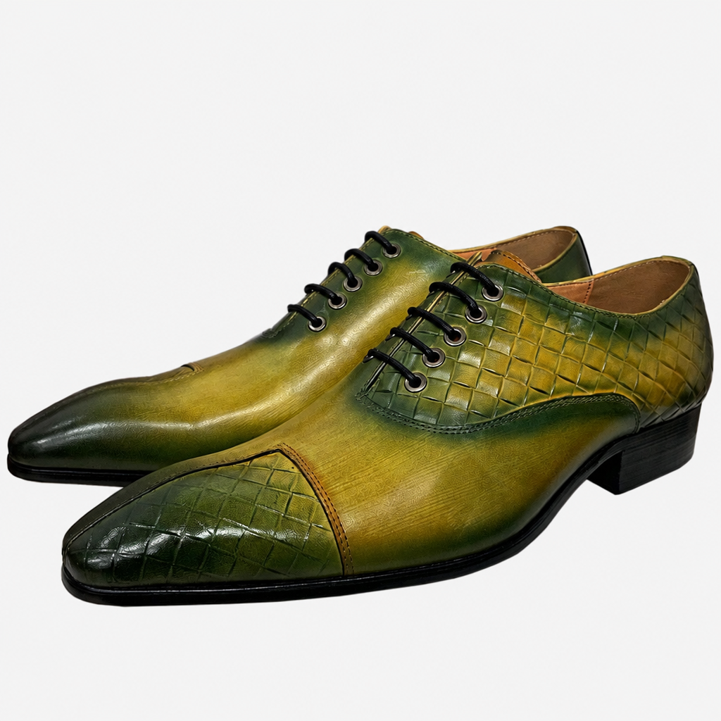 Men's black green split-toe weave print leather oxfords wedding