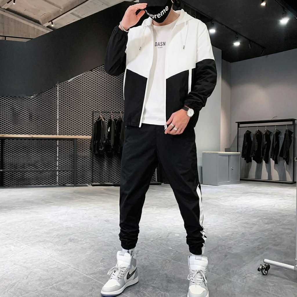 Patchwork-Hip-Hop-Casual-Zweiteiler für Herren, koreanischer Stil, 2-teilige Herrenbekleidung, Streetwear, Fitness-Trainingsanzug