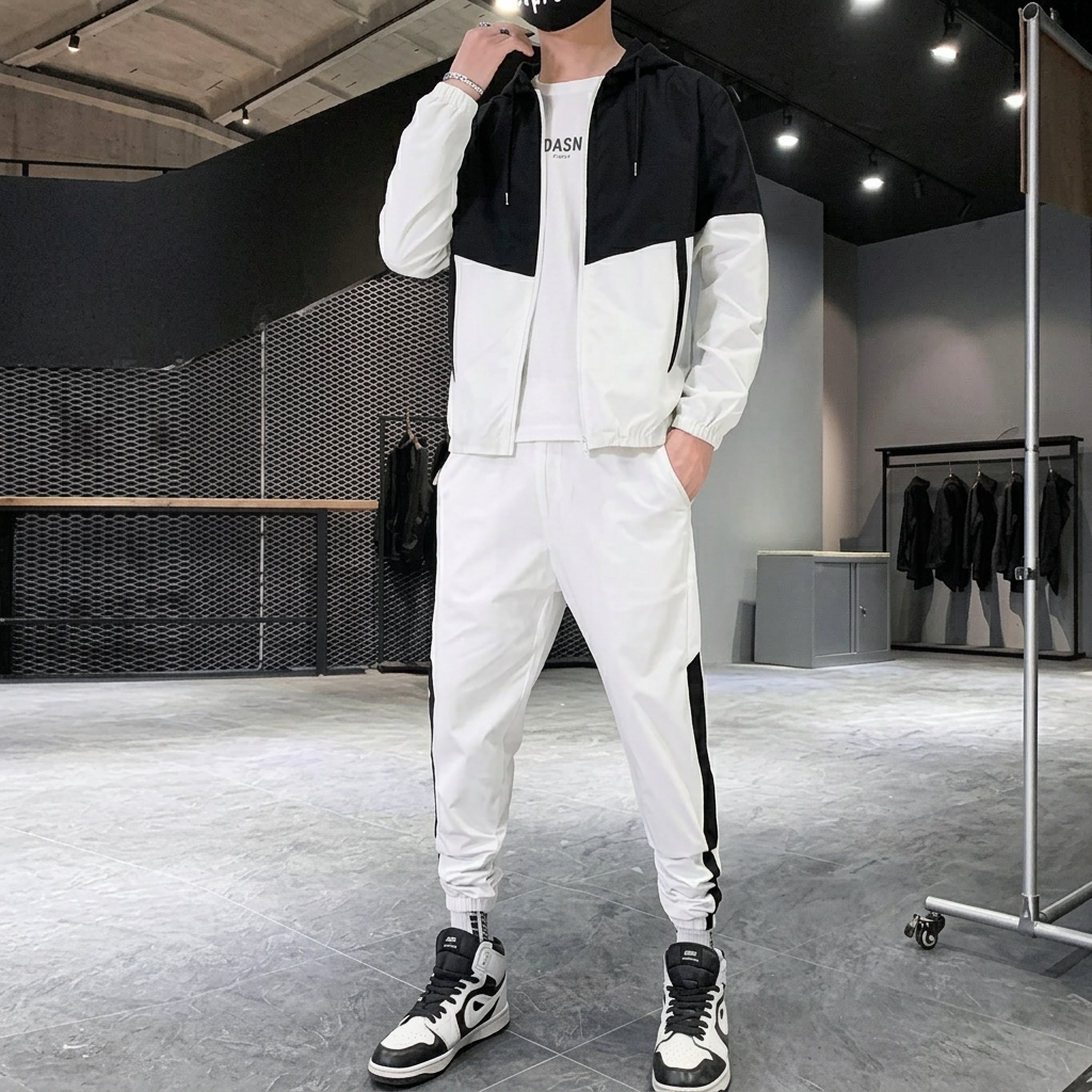 Patchwork-Hip-Hop-Casual-Zweiteiler für Herren, koreanischer Stil, 2-teilige Herrenbekleidung, Streetwear, Fitness-Trainingsanzug