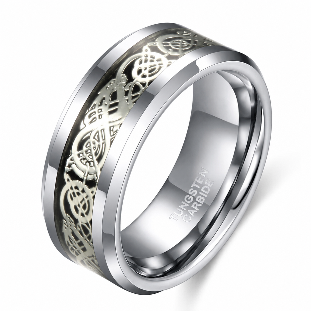 Men's silver tungsten carbide wedding band dragon inlay
