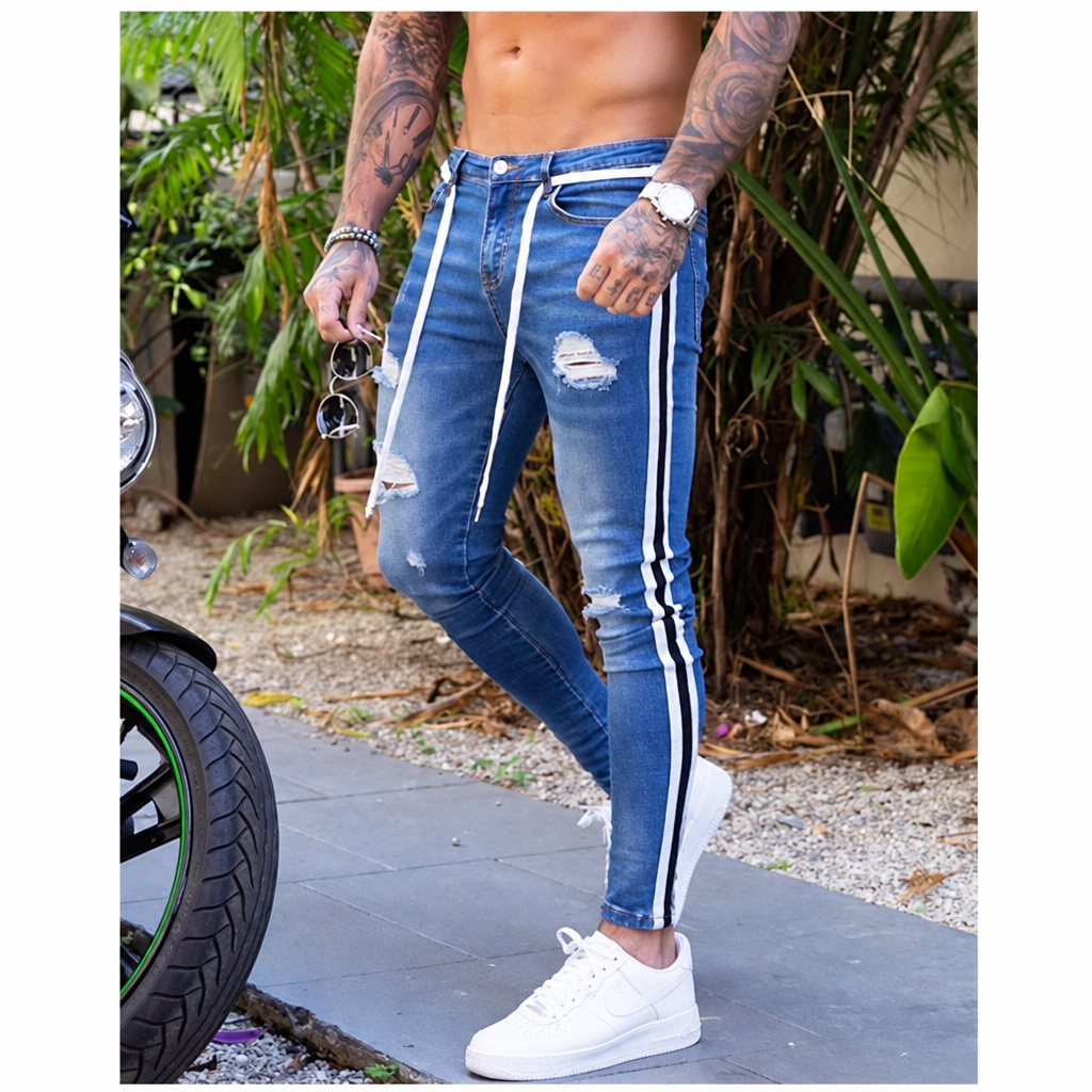 Men's distressed skinny jeans biker streetwear denim blue side stripe