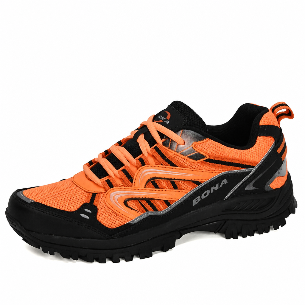 Men's orange black hiking shoes outdoor trekking sneakers clean product photo