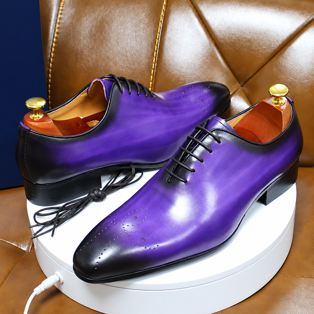 Men's Italian genuine leather blue purple oxford dress shoes