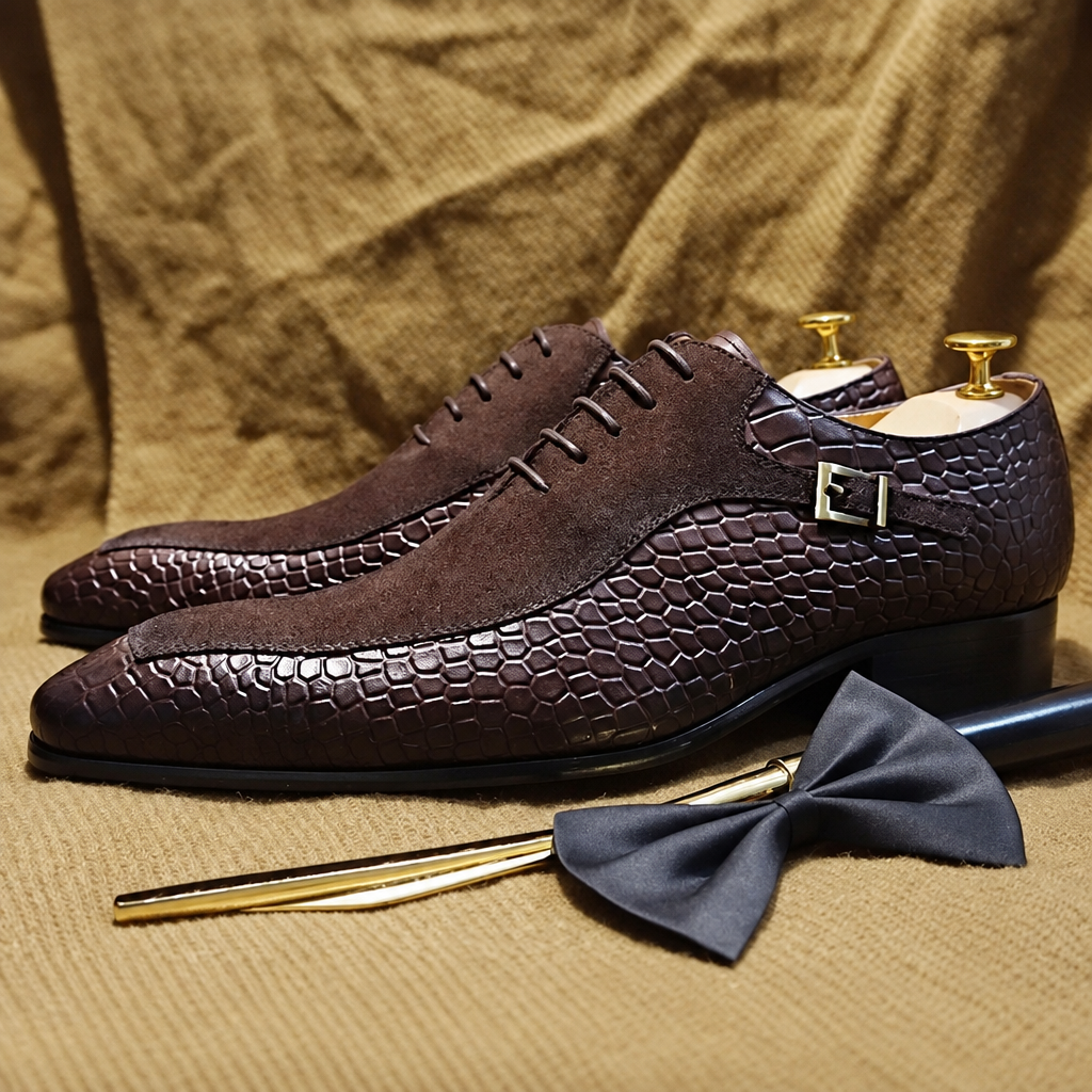 Men's crocodile pattern leather oxford dress shoes brown with bow tie