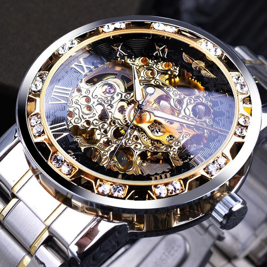 Men's skeleton mechanical transparent dial watch gold silver clean product photo