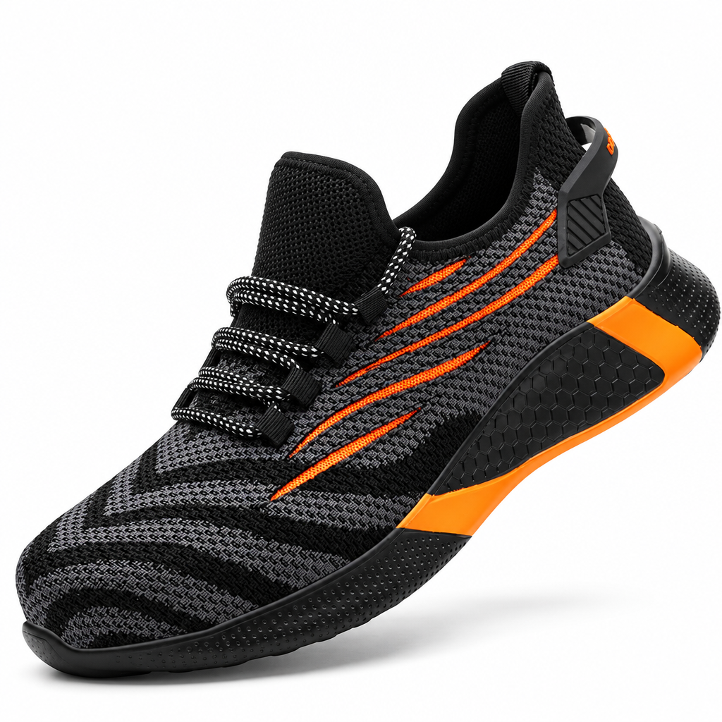 Men's black orange mesh steel-toe work safety sneakers clean product photo