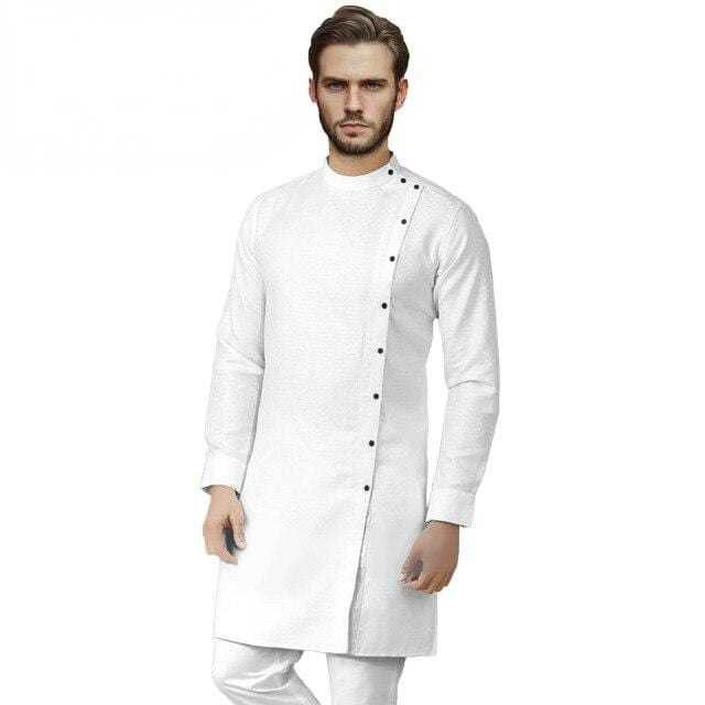 Men's African traditional shirt and Ankara pants white set clean product photo