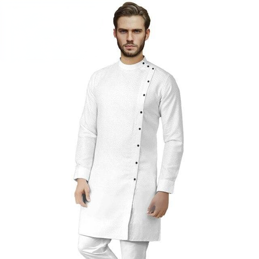 Men's African traditional shirt and Ankara pants white set clean product photo
