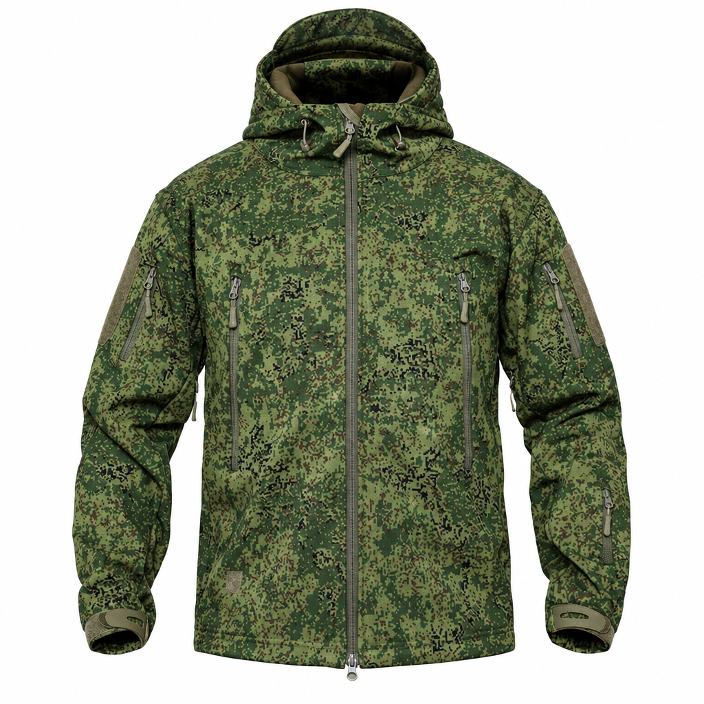 Men's digital camo softshell tactical hooded jacket clean product photo