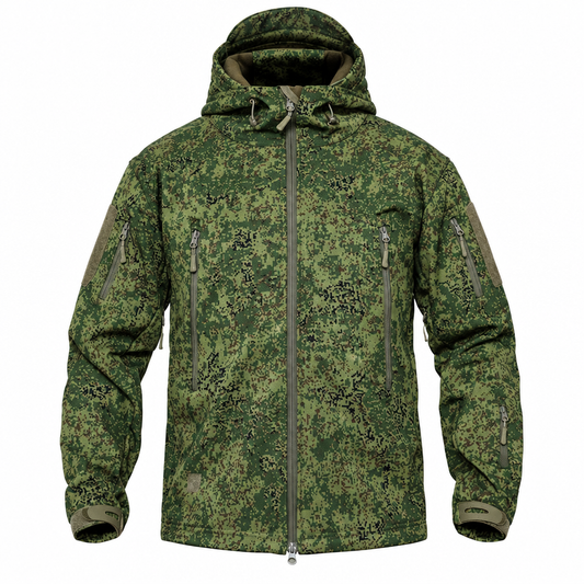 Men's digital camo softshell tactical hooded jacket clean product photo