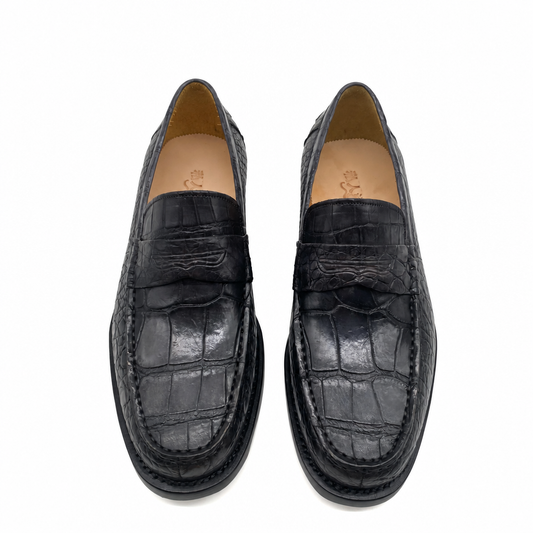Men's black crocodile texture penny loafers