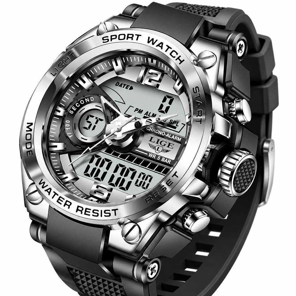 Men's silver digital military sport watch clean product photo