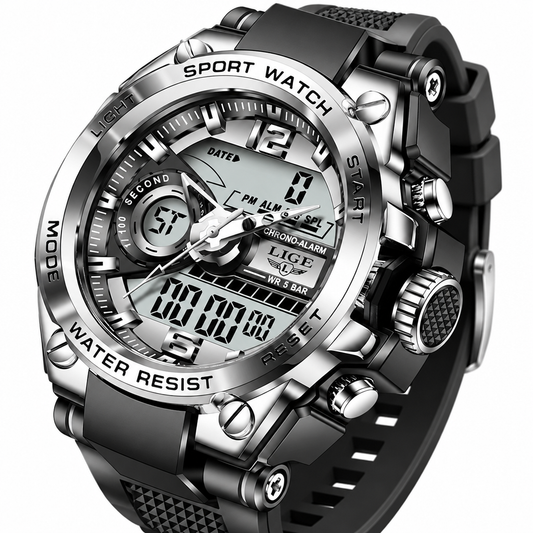 Men's silver digital military sport watch clean product photo