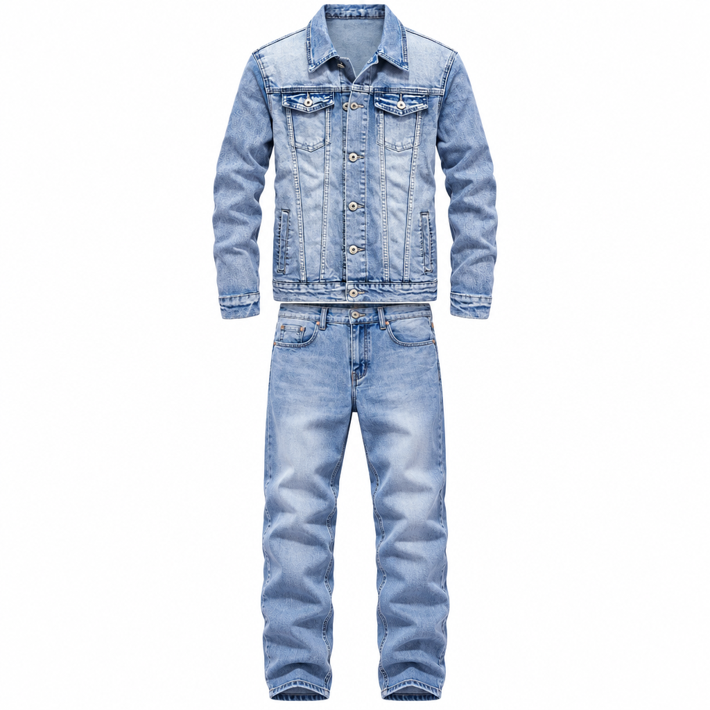 Men's denim two-piece suit jacket and pants front