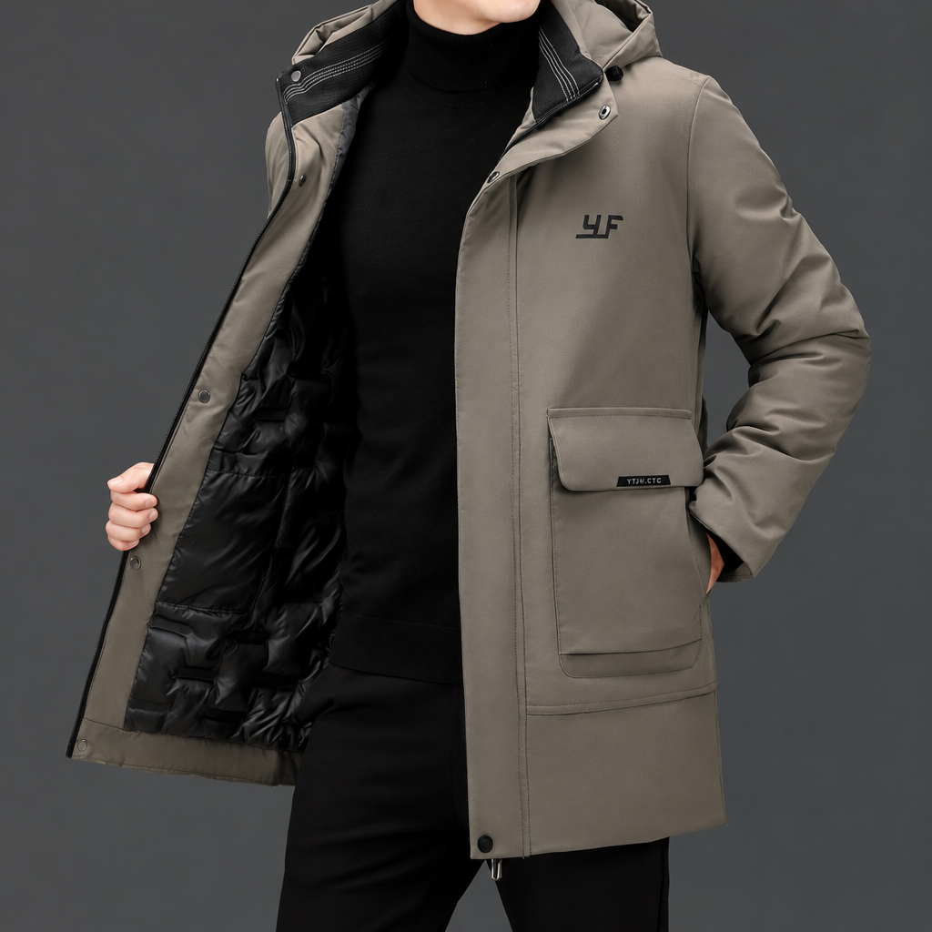 Men's hooded warm winter parka jacket casual windbreaker coat taupe