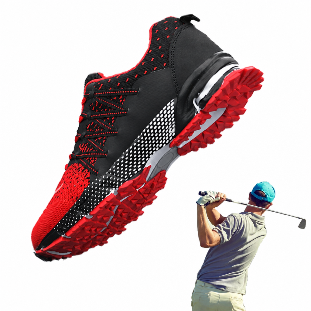 Men's golf shoes breathable lightweight sneakers black red