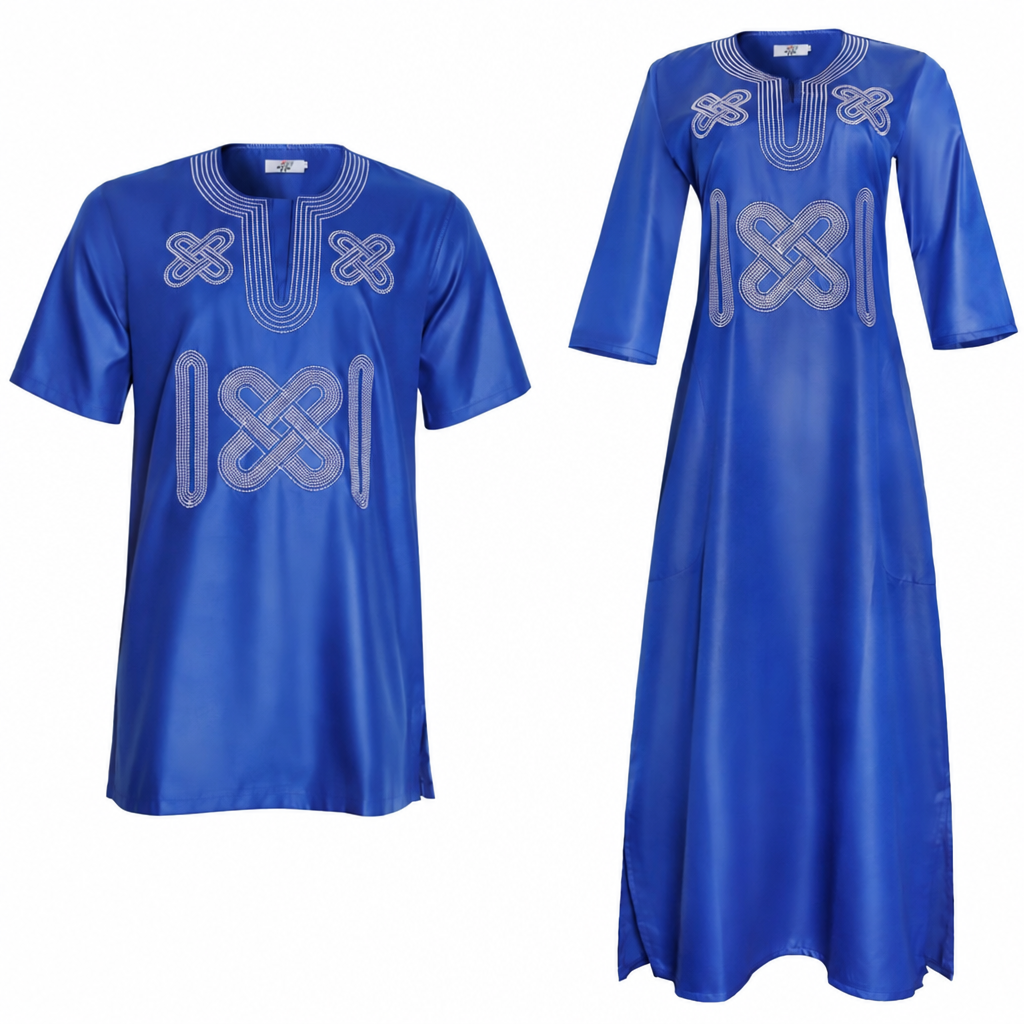 African embroidery dashiki couple dress and shirt set blue