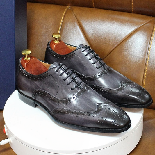 Men's handcrafted calfskin wingtip brogue oxford dress shoes gray clean product photo