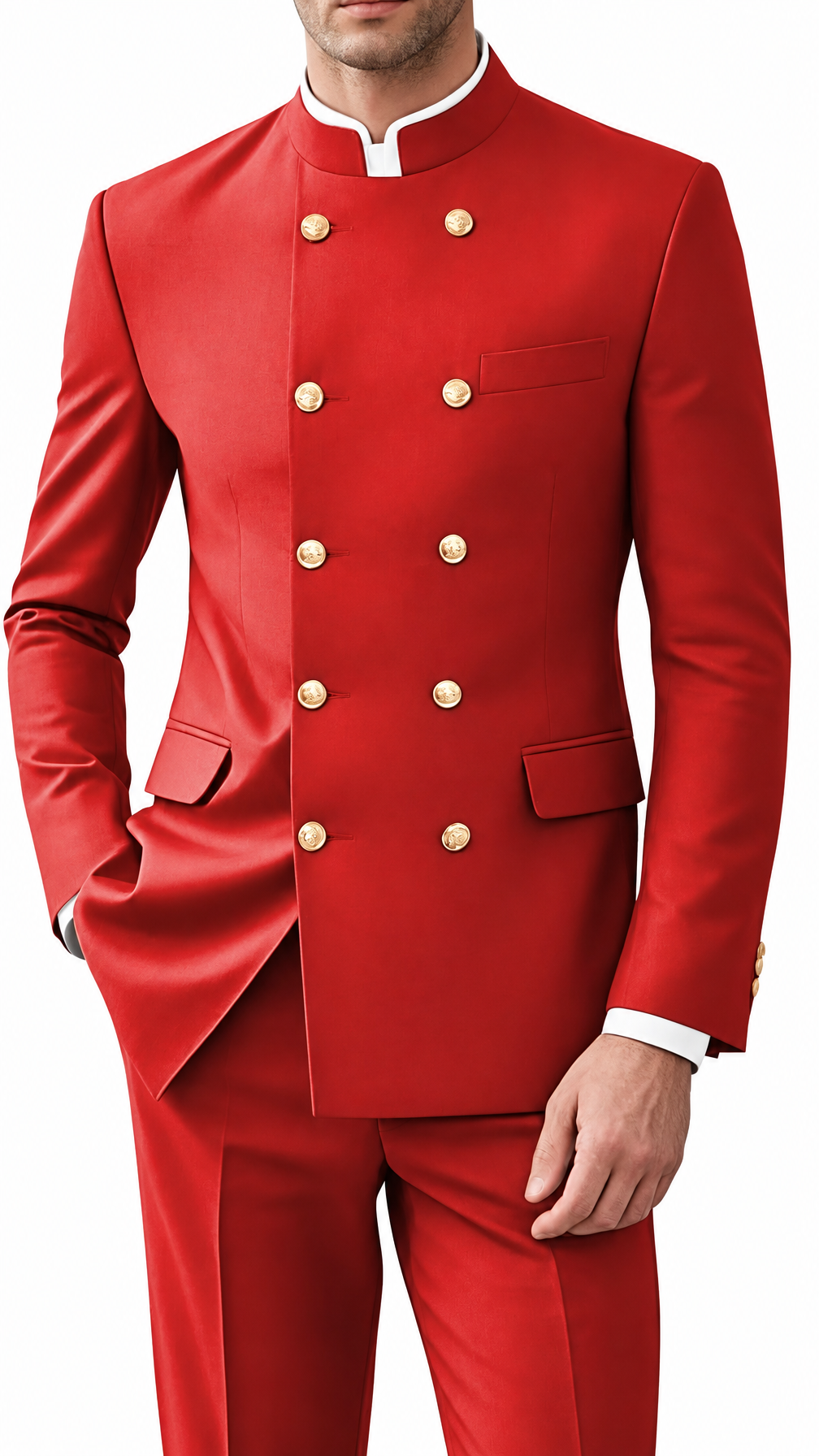 Men red double breasted gold button mandarin collar suit
