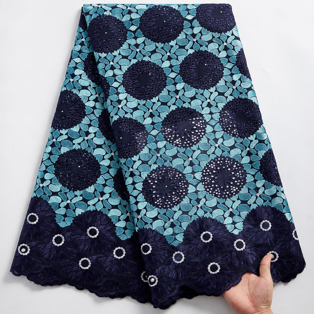 African dry lace fabric Swiss voile with stones blue navy