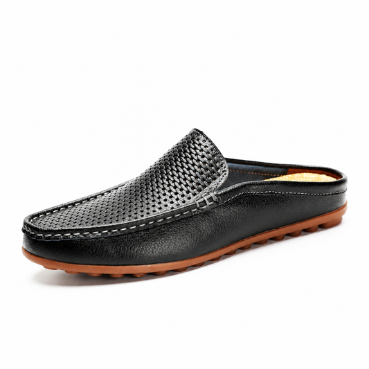 Men's Italian genuine leather non-slip moccasin slide shoes black