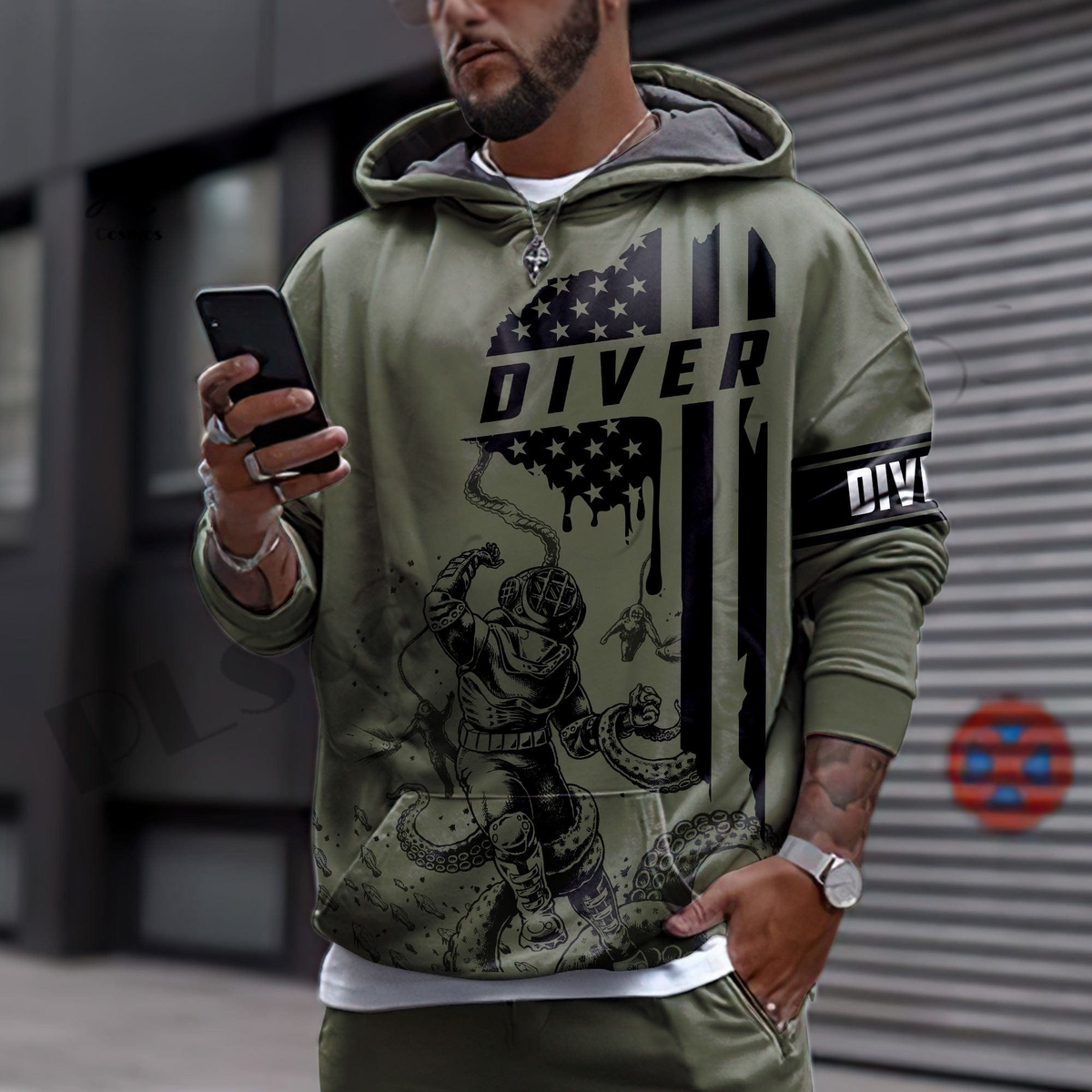 Unisex olive green custom scuba diving 3D-print diver hoodie clean lifestyle photo