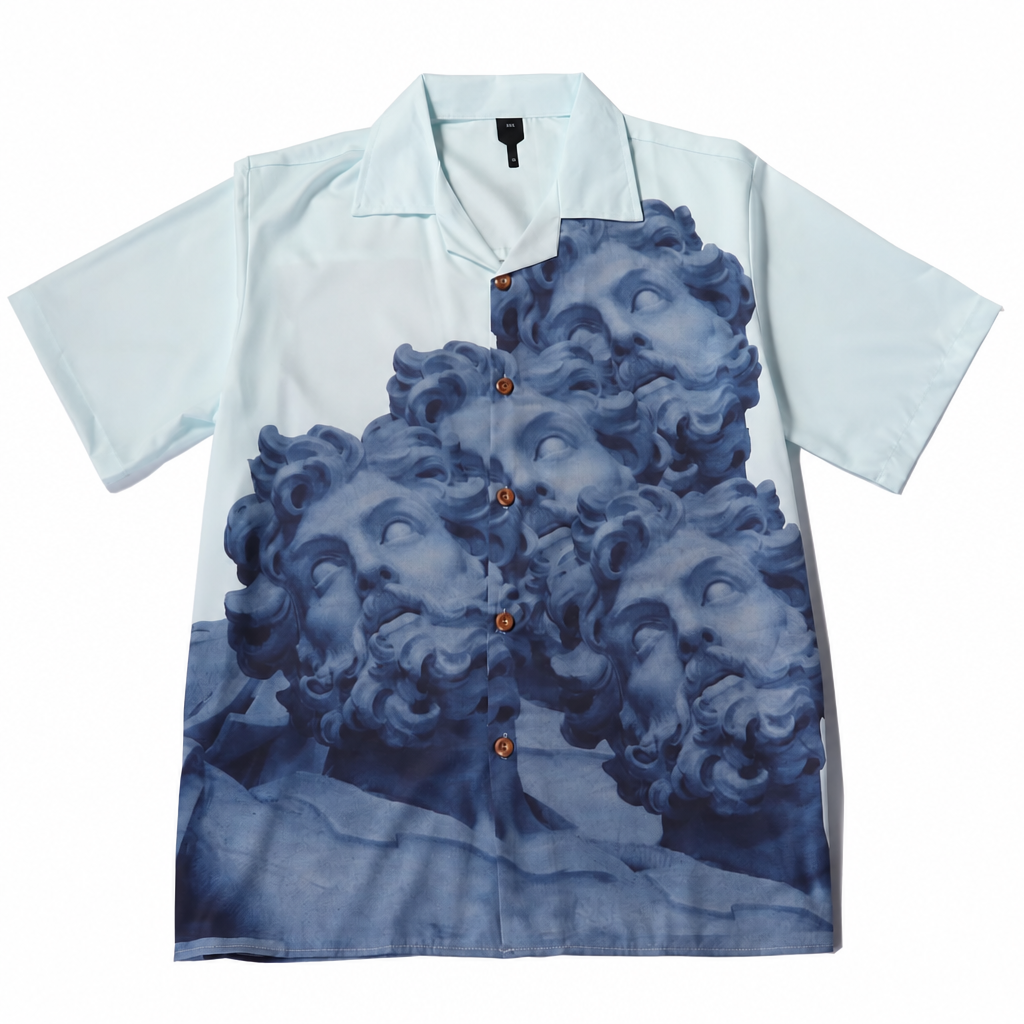 Men's light blue printed short sleeve vintage shirt