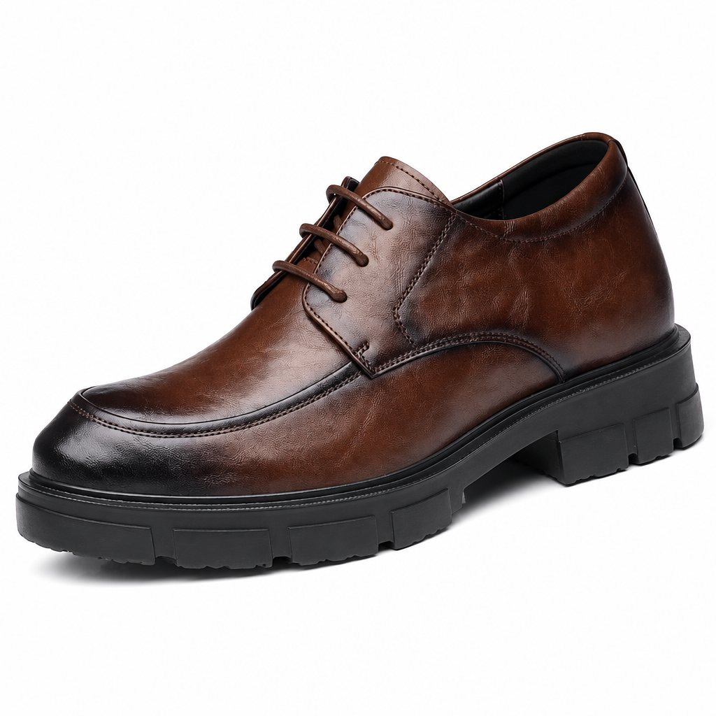 Men's genuine leather elevator dress shoes brown taller clean