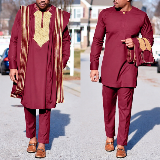 Men's 3-piece Agbada suit embroidered African robe set burgundy gold