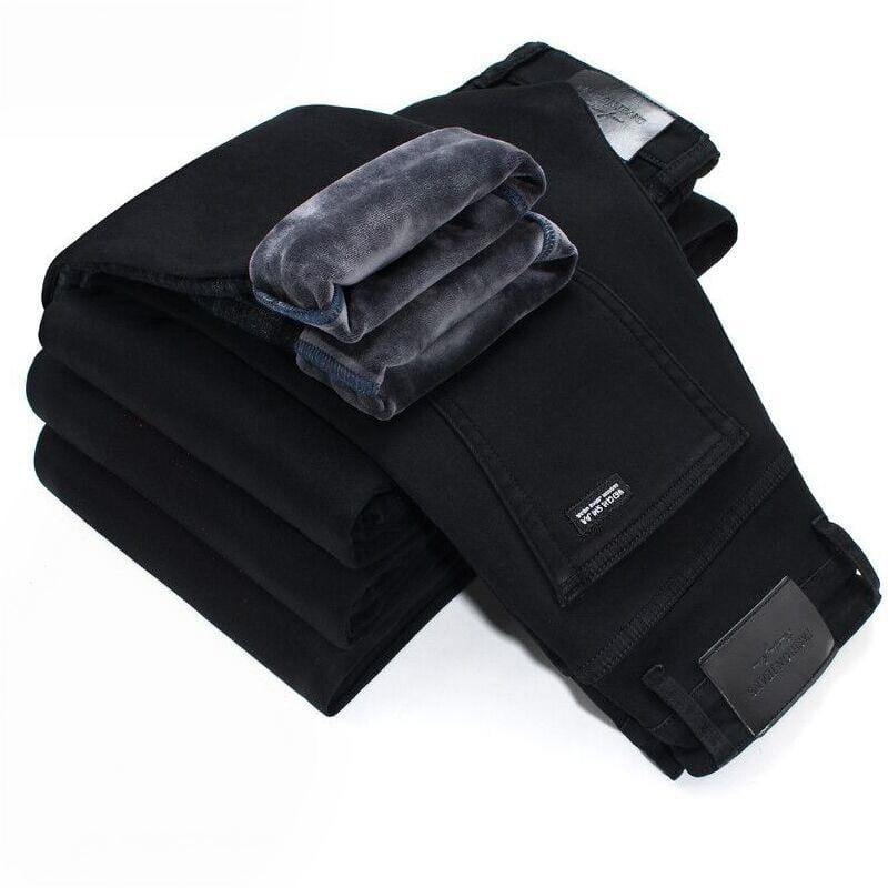 Men's black winter warm slim stretch skinny jeans fleece lined clean product photo