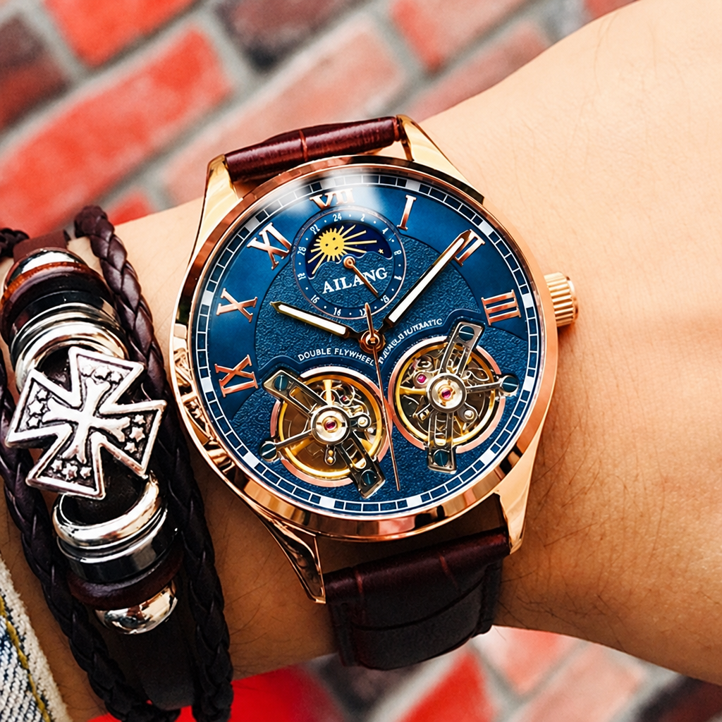 Men's AILANG double flywheel automatic mechanical watch rose gold