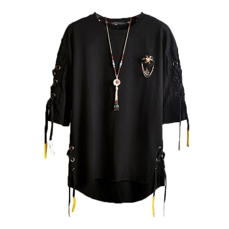Idopy Korean Fashion Men`s Street Style Lace Punk Gothic Pullover Designer Steampunk Hem Hip Hop Shirts & Tops Shirts Tees