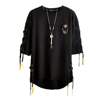 Idopy Korean Fashion Men`s Street Style Lace Punk Gothic Pullover Designer Steampunk Hem Hip Hop Shirts & Tops Shirts Tees