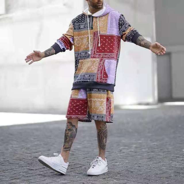 Tracksuit Men Fashion Hoodies Men Suits Printed Men Shorts Sleeve Shirts & Tops+Sweatpants Short Summer Hooded  2 Pieces Set