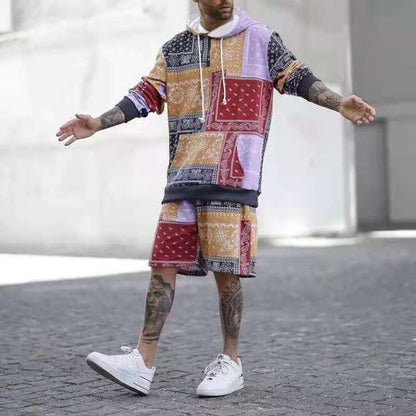 Tracksuit Men Fashion Hoodies Men Suits Printed Men Shorts Sleeve Shirts & Tops+Sweatpants Short Summer Hooded  2 Pieces Set