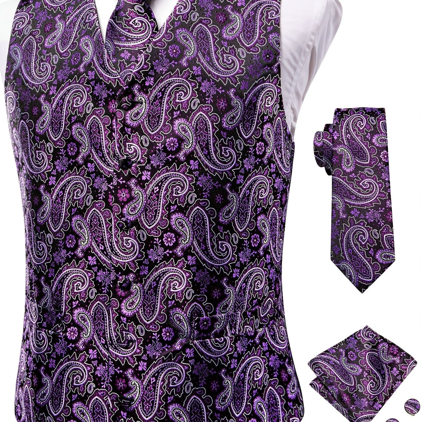Men's Vintage Elegant Fit Sleeveless Vest Set, Formal Suit Waistcoat & Tie & Cufflinks & Hanky For Wedding Party Business