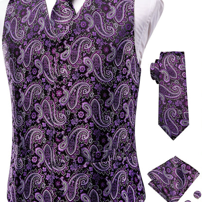 Men's Vintage Elegant Fit Sleeveless Vest Set, Formal Suit Waistcoat & Tie & Cufflinks & Hanky For Wedding Party Business
