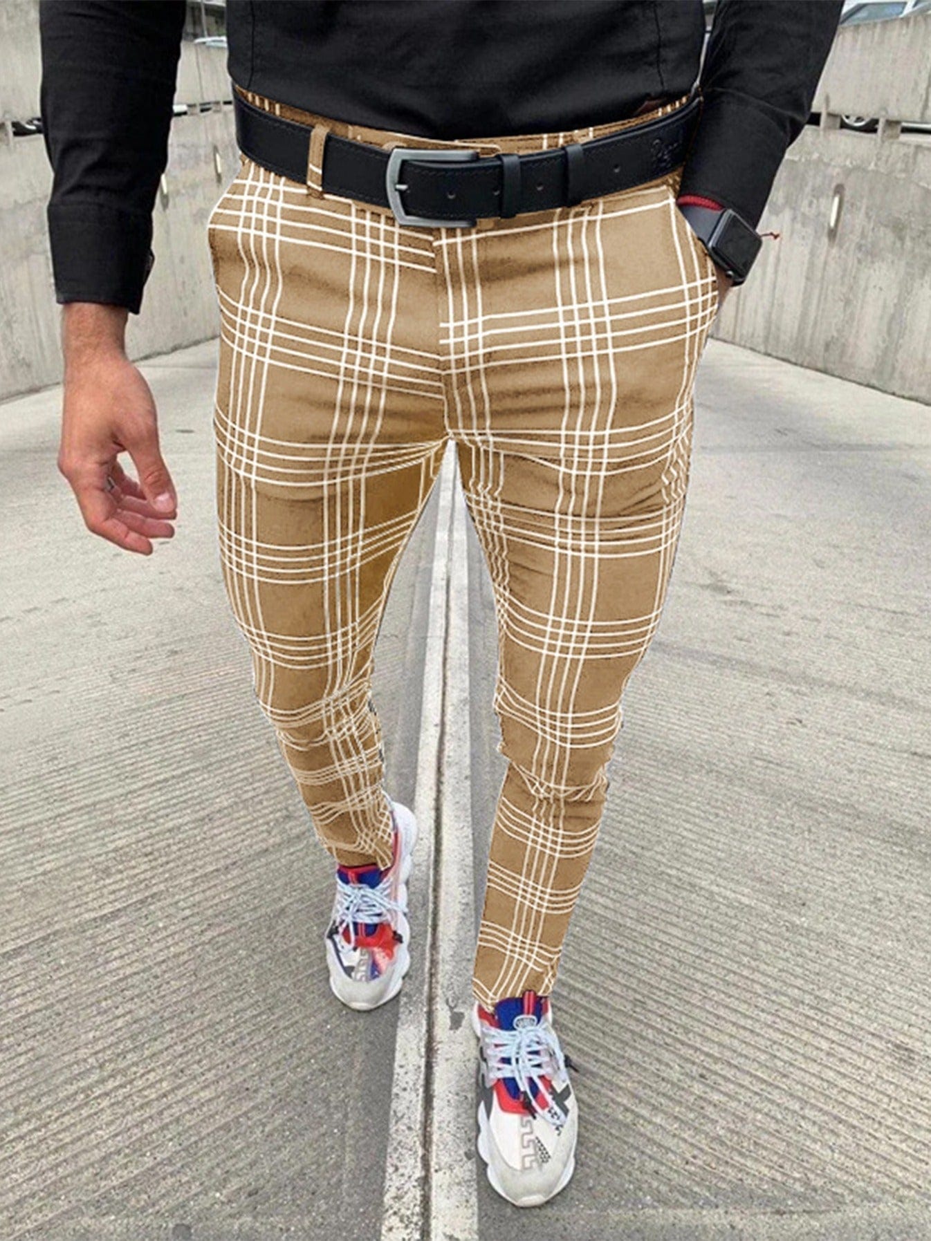 Men's Chino Plaid Casual Long Pants, Formal Business Pants Slim Fit Lattice Plaid Trousers