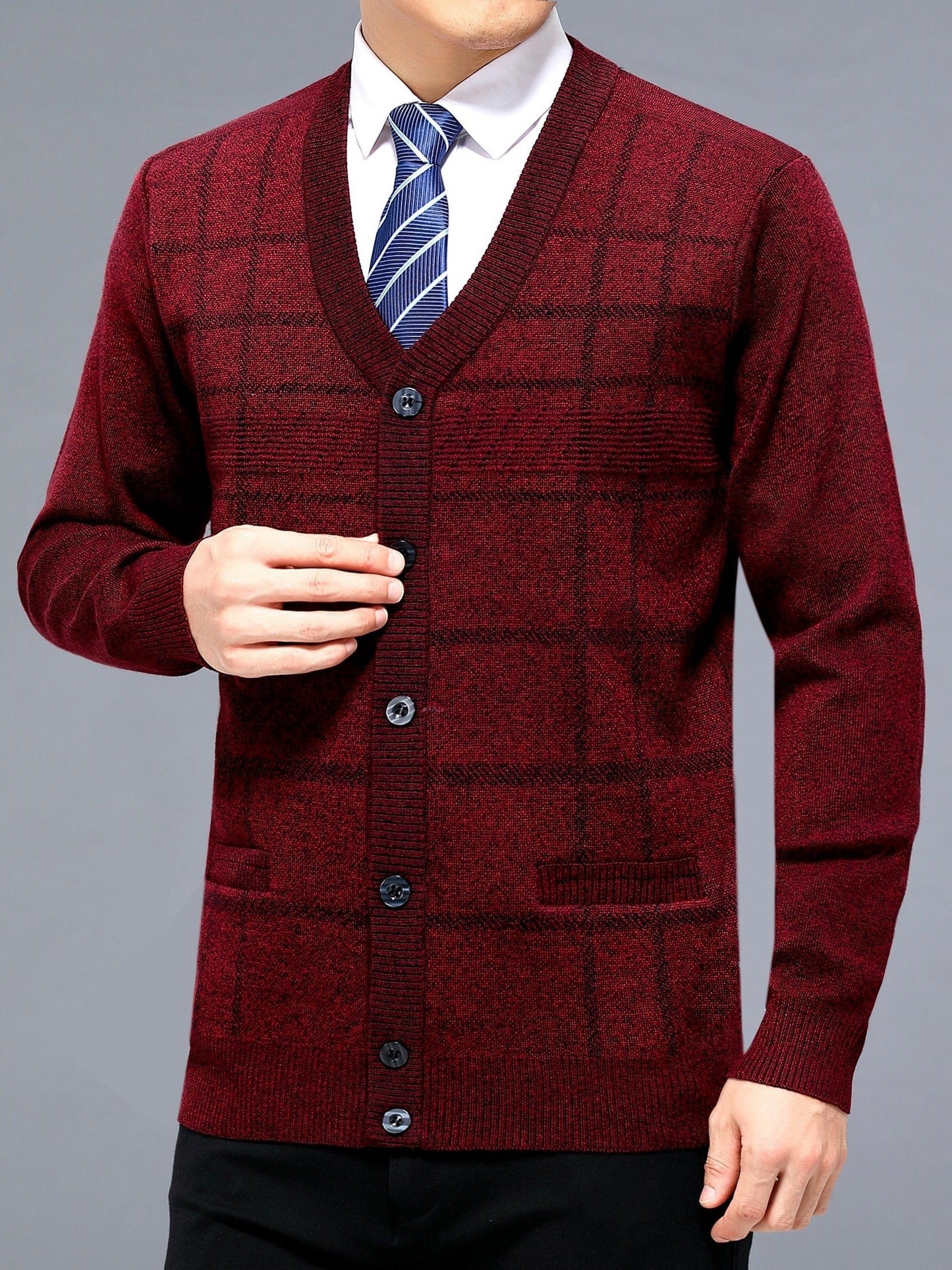 Men's Red V-neck Cardigan Button Up Sweater Plaid Knit Cardigan For Spring Fall Winter Men's Clothes