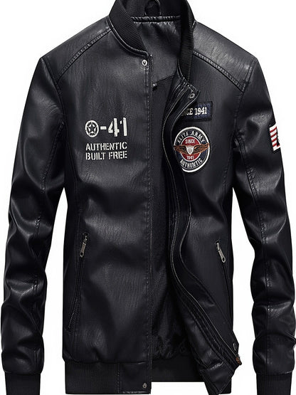 Men's Stand Collar Pu Leather Coat, Baseball Modern Jacket, Casual Long Sleeve Motorcycle Outwear Jacket